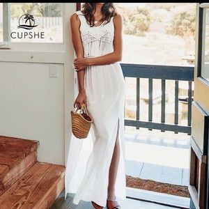 CUPSHE Solid White Long Crochet Slit Cover Up